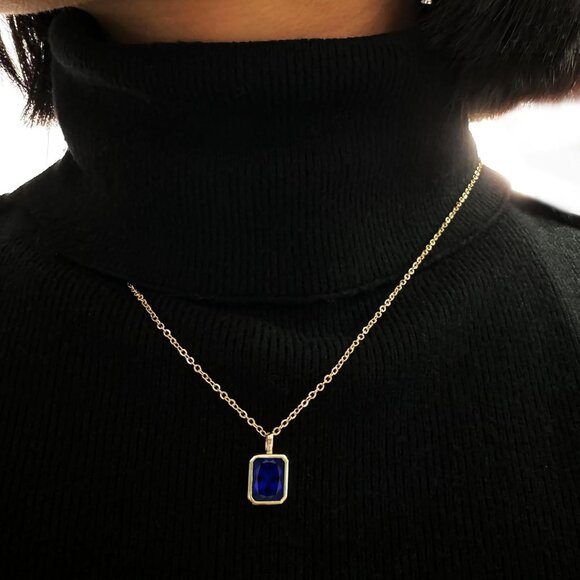 Sapphire Necklaces 14K Gold Dainty Rectangle Necklace Birthstone Navy Blue Penda - Picture 4 of 7